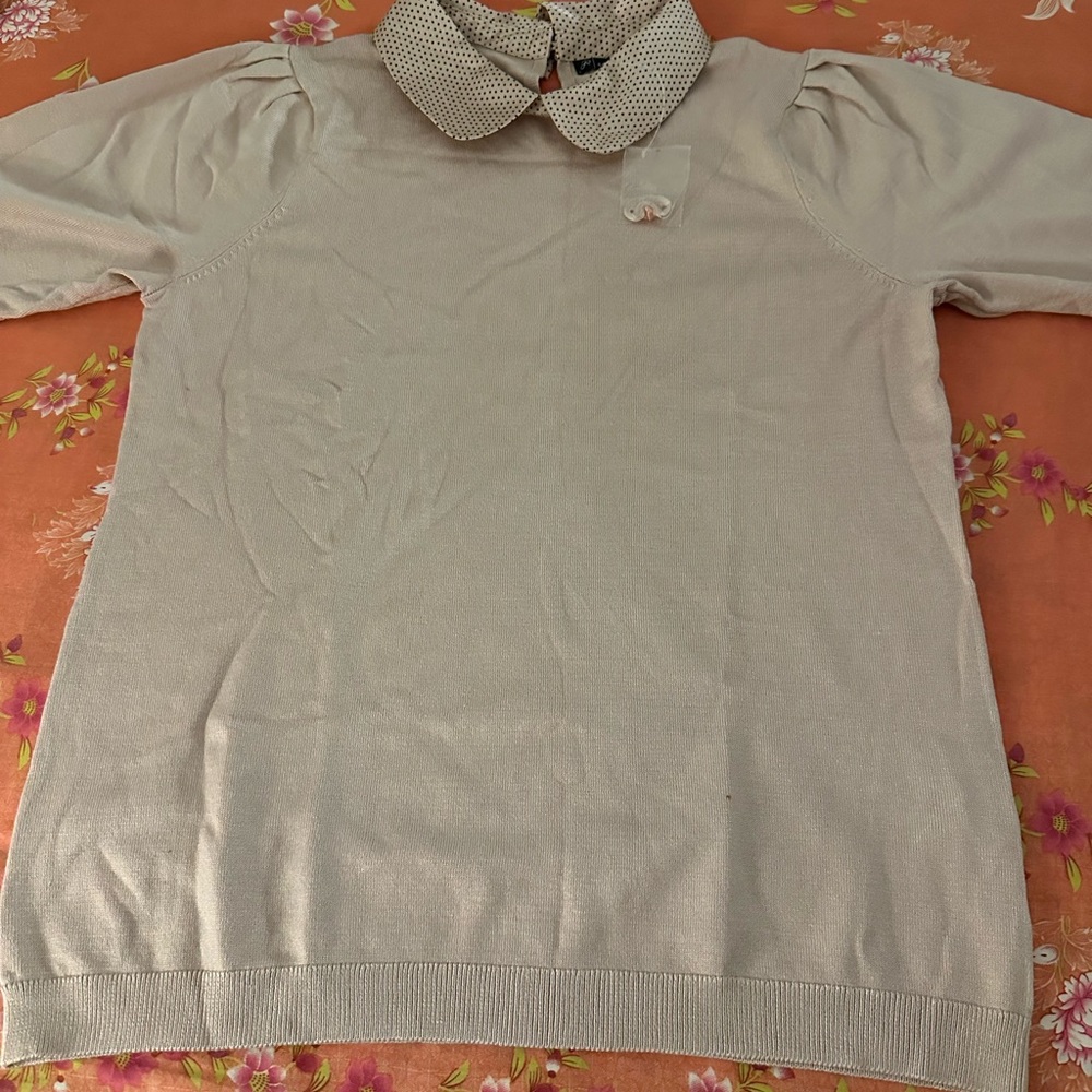 Cream Sweater with Patterned Collar